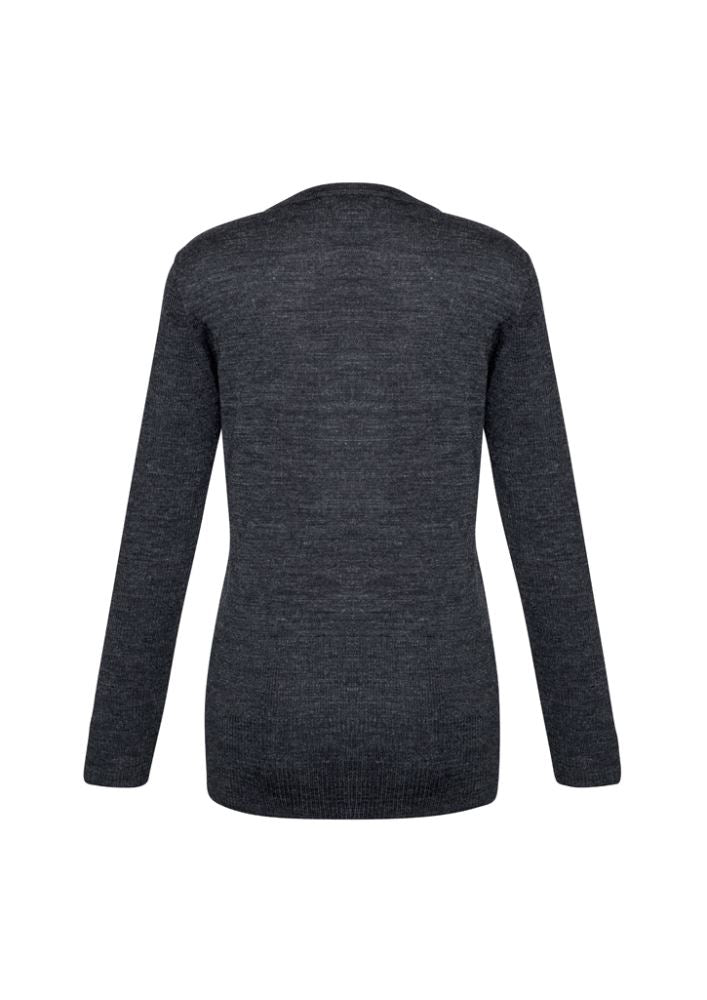 Charcoal Ladies Milano Cardigan in size XS, featuring wool blend fabric, ribbed details, and a button-through placket.