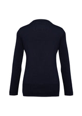 Navy Ladies Milano Cardigan from Biz Collection, featuring a longer hip length and button-through placket for stylish layering.