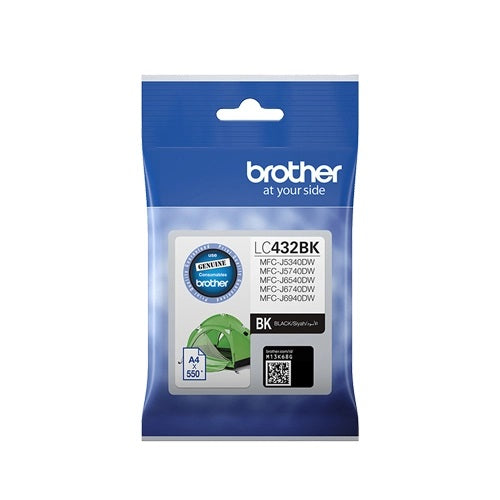 Brother LC432BK Black Ink Cartridge for high-yield printing, up to 3,000 pages, ensuring sharp text and vibrant images.