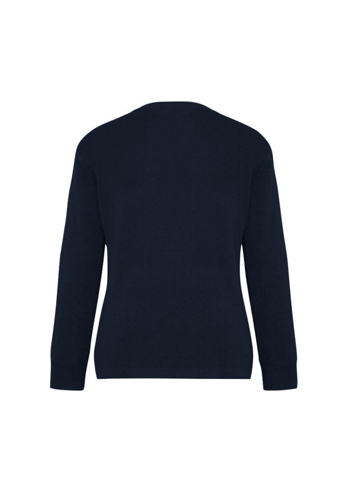 Navy ladies woolmix cardigan from Biz Collection, size L, featuring button-through design and two front pockets for style and comfort.