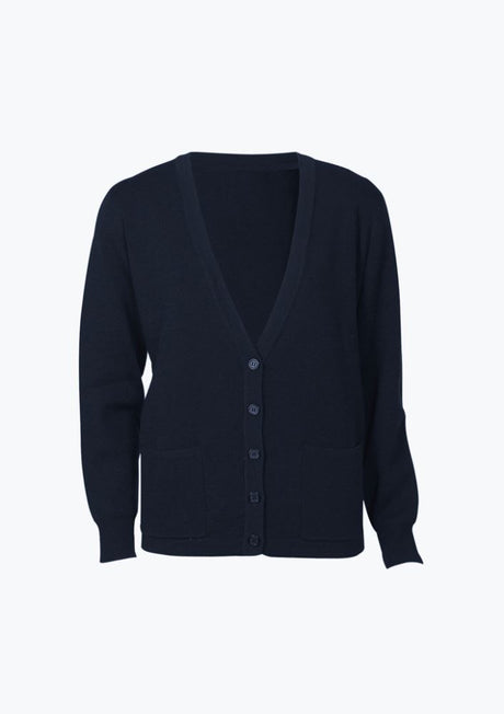 Navy Ladies Woolmix Cardigan from Biz Collection, featuring button front, pockets, and a cozy wool-acrylic blend for stylish warmth.