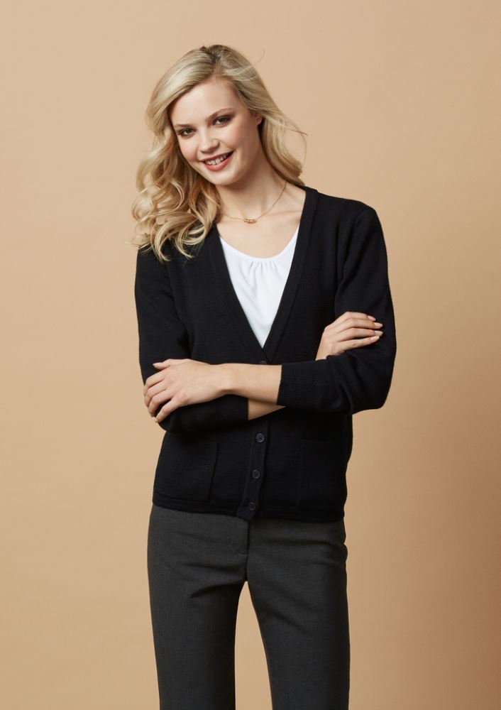Stylish navy ladies' cardigan with button-through design, front pockets, and a comfortable wool-acrylic blend.