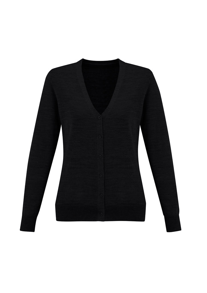 Chic black women's cardigan in size L, crafted from Merino wool and acrylic, featuring a button-through design and ribbed details.