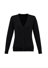 Chic black women's cardigan in size L, crafted from Merino wool and acrylic, featuring a button-through design and ribbed details.