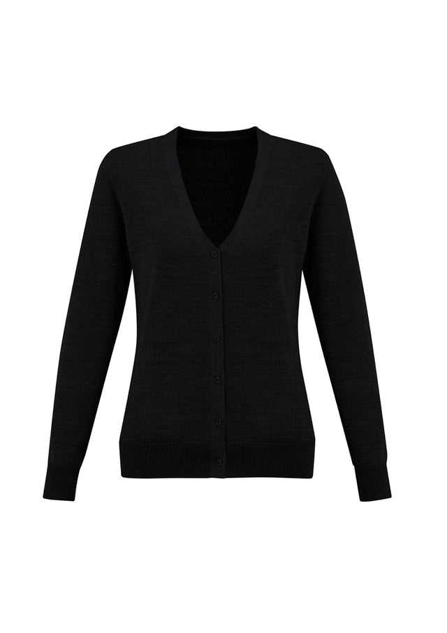 Chic black women's cardigan in size L, crafted from Merino wool and acrylic, featuring a button-through design and ribbed details.