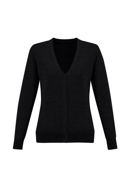 Ladies Roma Cardigan in black, size XS, featuring a button-through style, ribbed cuffs, and merino wool blend for comfort.