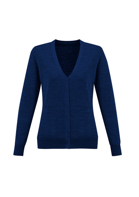 Ladies Roma Cardigan in French Blue, size XL, features merino wool blend, button-through design, and ribbed cuffs for stylish layering.