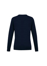 Navy Ladies Roma Cardigan from Biz Collection, size M, featuring 50% Merino Wool, modern button-through design, and ribbed cuffs.