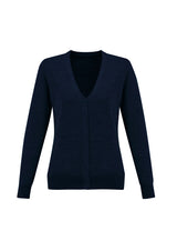 Ladies Roma Cardigan in Navy, Size 3XL, features Merino Wool blend, button-through style, and ribbed cuffs for fashionable warmth.