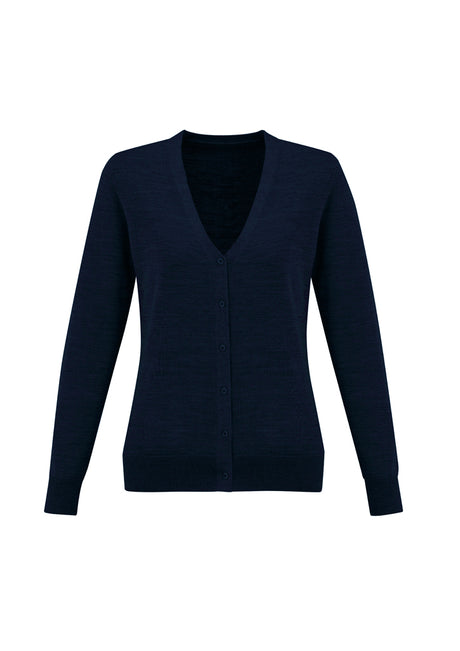 Ladies Roma Cardigan in Navy, Size 3XL, features Merino Wool blend, button-through style, and ribbed cuffs for fashionable warmth.