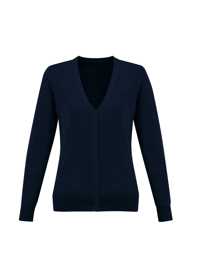 Navy Ladies Roma Cardigan in size M, featuring a button-through design, ribbed cuffs, and a comfortable Merino Wool blend.