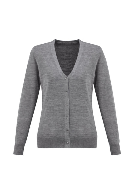 Ladies Silver Roma Cardigan, Size S, featuring button-through, ribbed cuffs, and Merino Wool blend for warmth and style.
