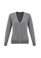 Elegant silver Ladies Roma Cardigan in size XS, featuring Merino wool blend, button-through style, ribbed cuffs, and hem.