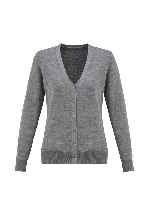 Elegant silver Ladies Roma Cardigan in size XS, featuring Merino wool blend, button-through style, ribbed cuffs, and hem.