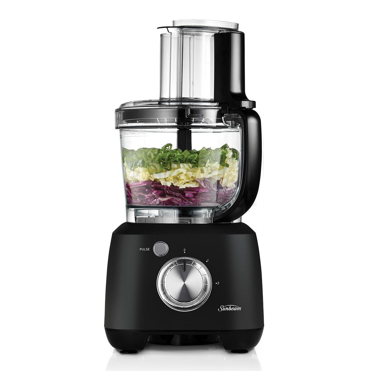 Sunbeam Black Multi Processor with 1.5L glass blender and 2L bowl, equipped for chopping, grating, and blending efficiently.