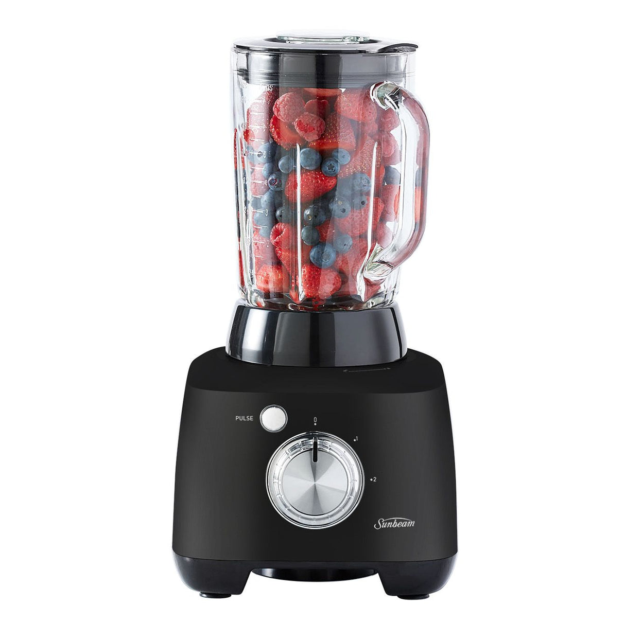 Sunbeam Black Multi Processor with 1.5L glass blender, 2L bowl, multiple blades, and large feed chute for efficient meal prep.