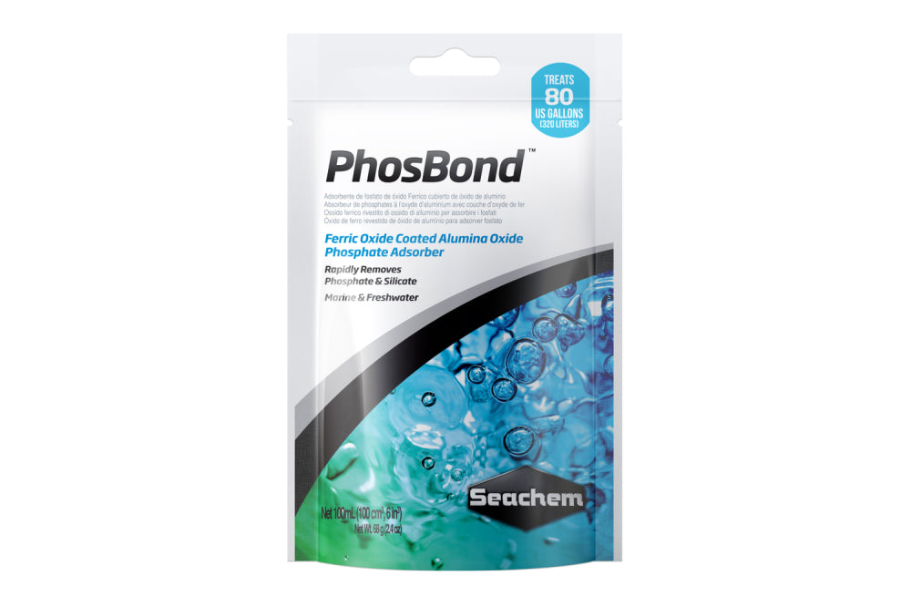 Seachem PhosBond 100mL bag; phosphate remover for clear water, optimal fish health, and easy application in aquariums.