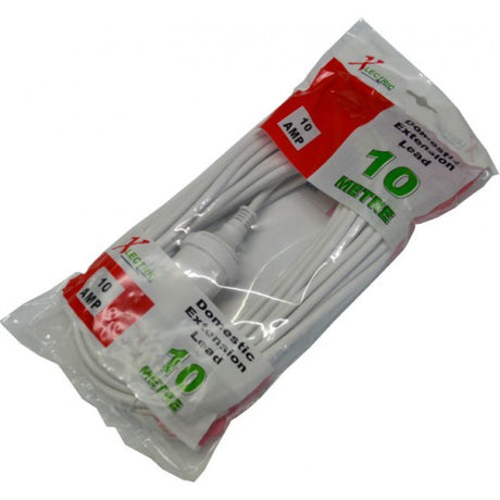 Xlectric 10m white domestic extension lead with fully moulded plugs, ideal for home and office power accessibility.