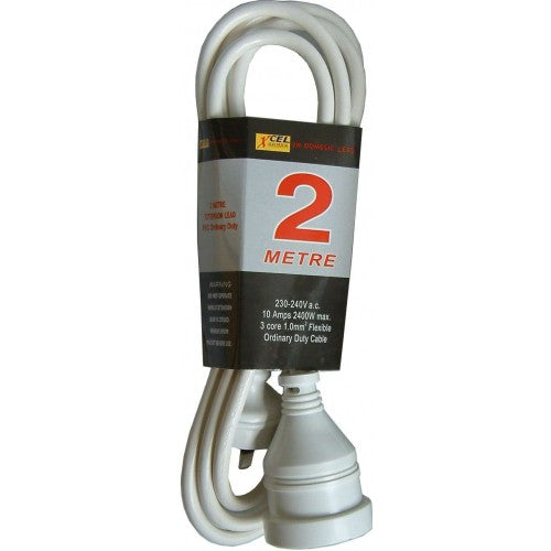 Xlectric 2m Domestic Extension Lead in white, featuring fully moulded plugs and 10AMP rating for reliable indoor power access.