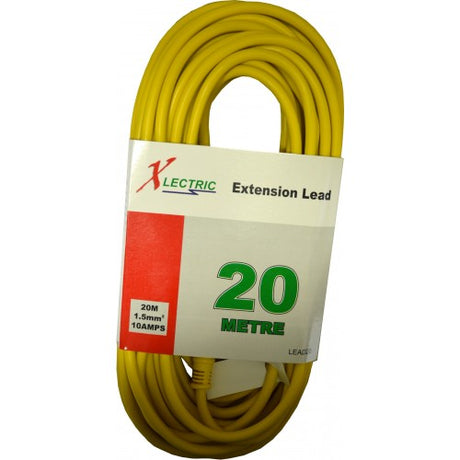 Heavy-duty 20m yellow extension lead with 10AMP rating, designed for outdoor use with moulded plugs for durability.