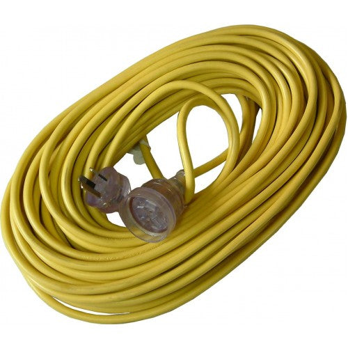 Heavy-duty 30m yellow extension lead with 1.5mm cores and moulded plugs, ideal for outdoor power needs.