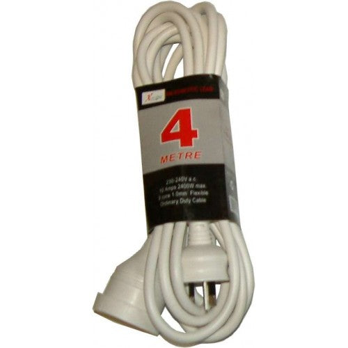 White 4m Xlectric extension lead with fully moulded plugs, rated 10AMP, perfect for expanding home electrical connectivity.