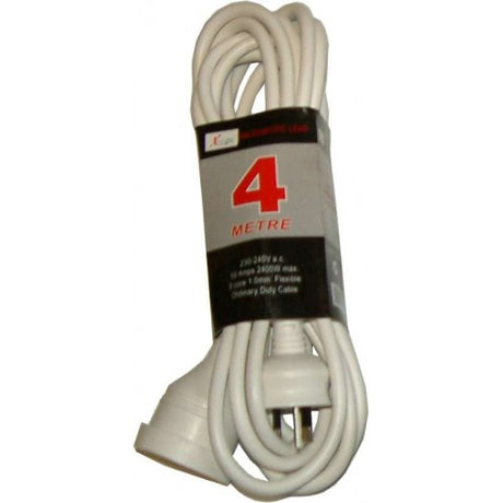 White 4m Xlectric extension lead with fully moulded plugs, rated 10AMP, perfect for expanding home electrical connectivity.