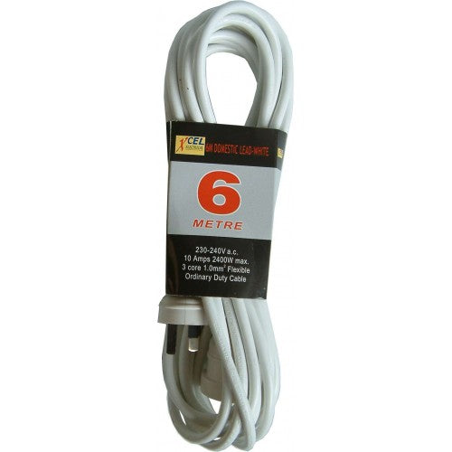 Xlectric 6m Domestic White Extension Lead for home use, 10AMP rated, fully moulded for safety and durability.