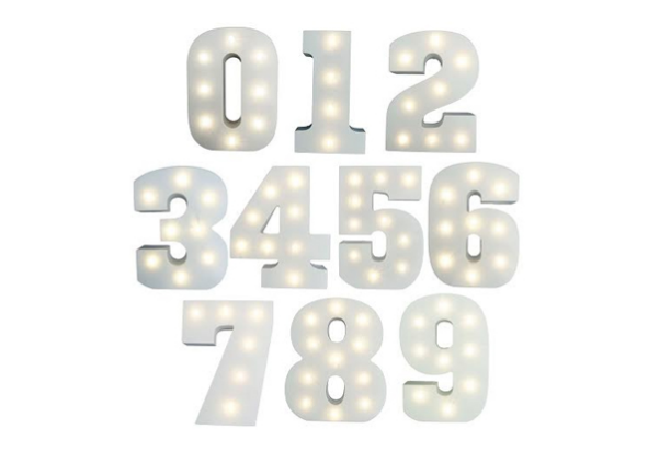 Warm white LED letter/number light, 15cm tall, chic matte finish, perfect for weddings and home decor, battery-operated.