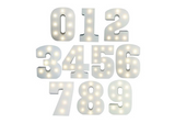 Warm white LED letter/number light, 15cm tall, chic matte finish, perfect for weddings and home decor, battery-operated.