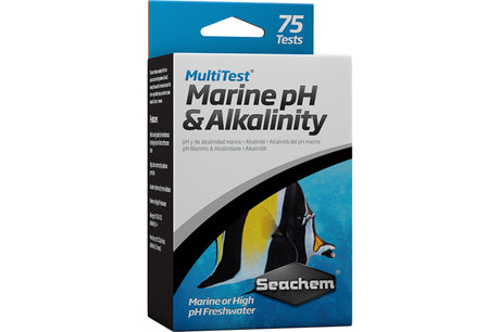 Seachem MultiTest Marine kit for pH/alkalinity, featuring color change technology and multi-sample testing for optimal water quality.