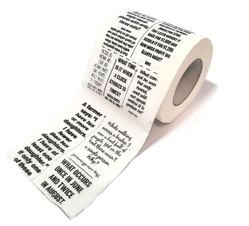 Entertain yourself with trivia and riddles on the eco-friendly Conundrums for the Khazi Loo Roll toilet paper.