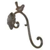 Rustic cast iron bird hook with double hooks, ideal for hanging lanterns and bird feeders in gardens or patios.