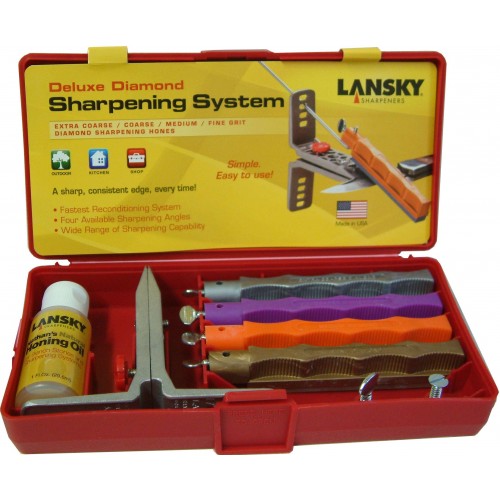 Lansky Sharpening System with clamp and 4 diamond hones for precise, professional-grade knife sharpening at home.