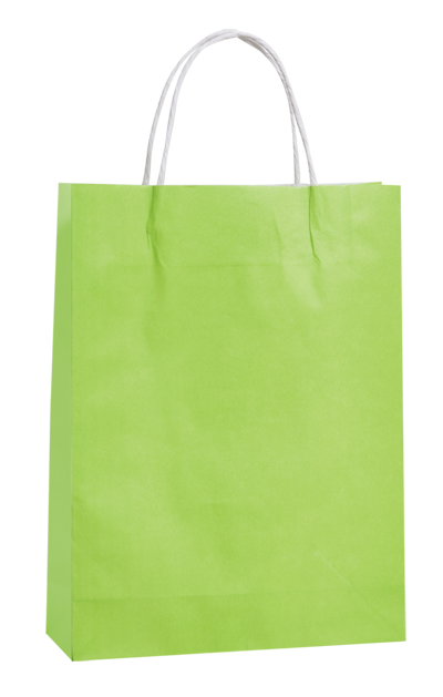 Vibrant lime paper carry bags, 350mm x 260mm, durable, lightweight, eco-friendly, ideal for retail or gift giving.