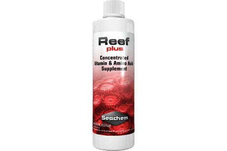 Seachem Reef Plus 250mL, a vital supplement for coral health, color enhancement, and marine ecosystem vitality.