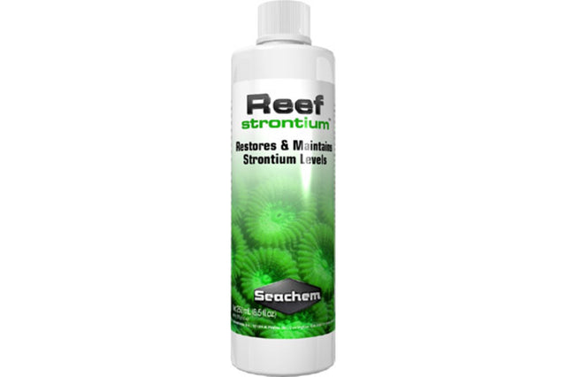 Bottle of Reef Strontium 250mL by Seachem, a vital coral growth supplement for marine aquariums, ensures optimal nutrient levels.