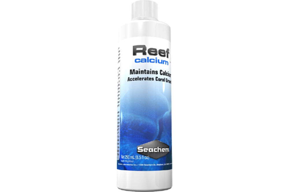 Bottle of Seachem Reef Calcium 250mL, a premium supplement for vibrant coral growth and optimal calcium levels in reef aquariums.