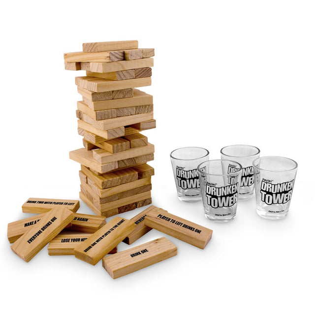 Colorful stacking game pieces creating a towering challenge for fun and laughs at parties and gatherings.