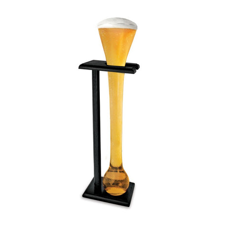 A 1.5 Litre hand-blown yard glass with a wooden stand, perfect for parties and unique gifting, measuring 50cm tall and 10cm wide.