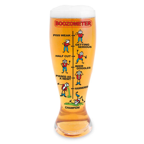 Large beer glass with Boozometer scale, measuring 1.5L for beer enthusiasts to track intoxication levels.