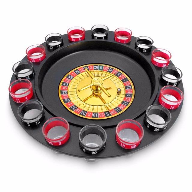Colorful roulette wheel and board set for an exciting drinking game, perfect for parties and gatherings.