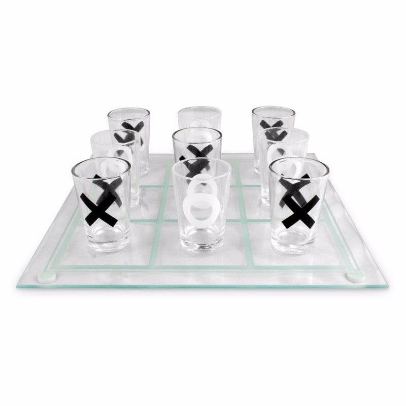 Landmark Tic Tac Toe Drinking Game with a glasses board and shot glasses, perfect for fun gatherings and parties.