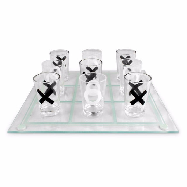 Landmark Tic Tac Toe Drinking Game with a glasses board and shot glasses, perfect for fun gatherings and parties.