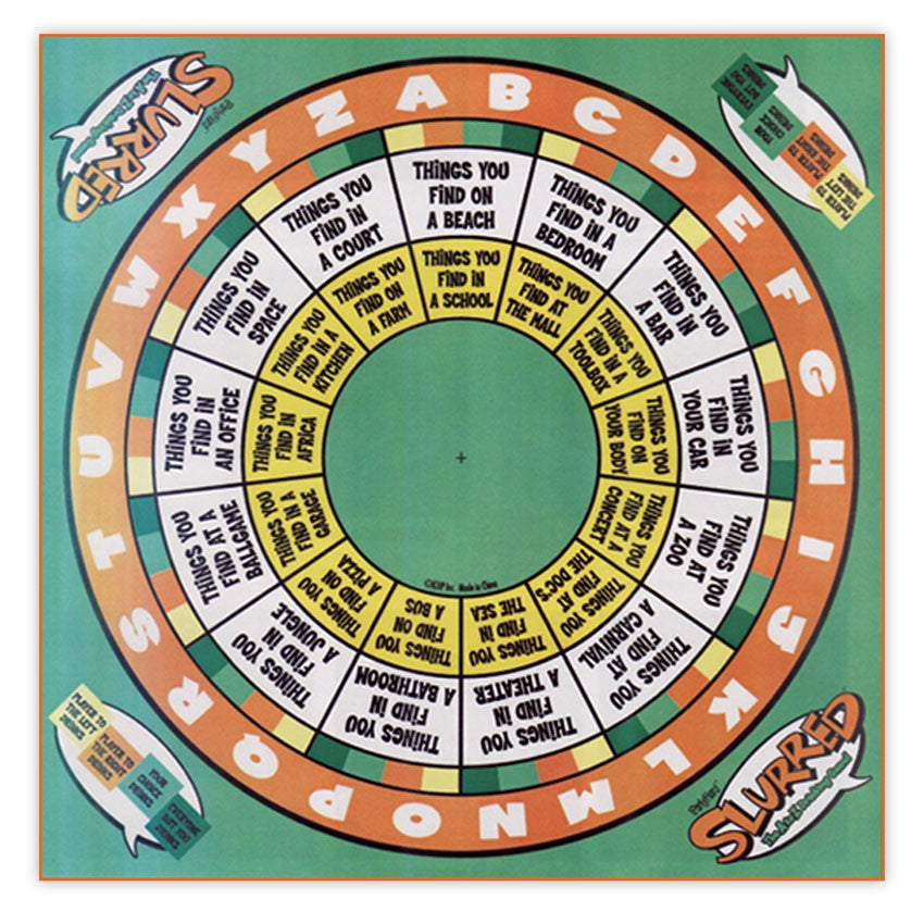 Colorful Slurred Drinking Game featuring a spinner for fun challenges and dares among up to four players at gatherings.