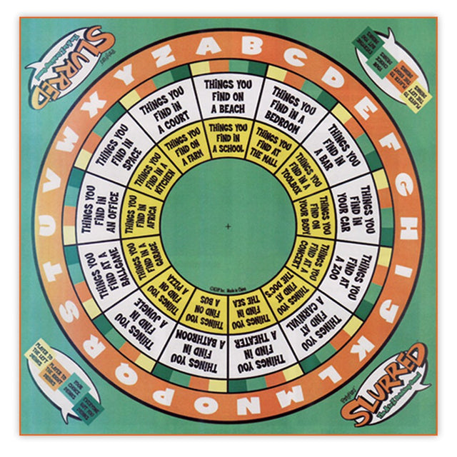 Colorful Slurred Drinking Game featuring a spinner for fun challenges and dares among up to four players at gatherings.