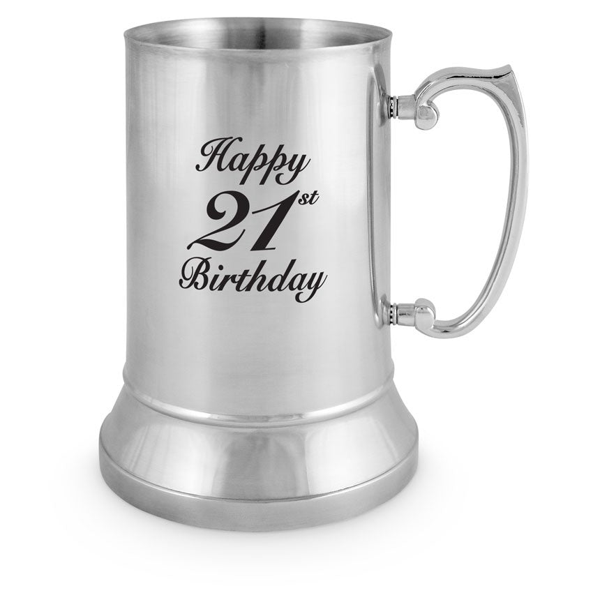 Stainless steel beer mug for 21st birthdays, 535ml, keeps drinks cold; stylish gift for celebrating adulthood.