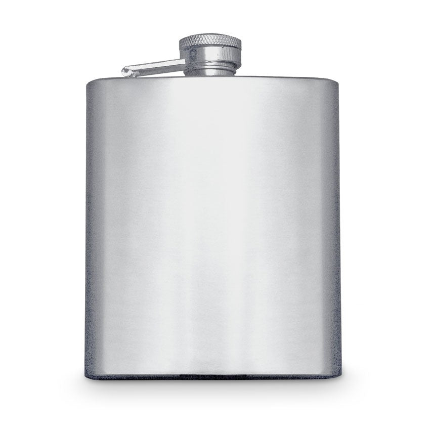 Sleek stainless steel matte hip flask (210ml) with secure screw top, perfect for adventures or gifting spirit enthusiasts.