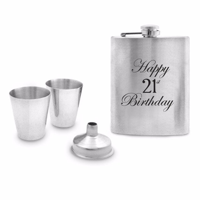 Elegant stainless steel hip flask in natural timber box, perfect for 21st birthday celebrations and memorable occasions.