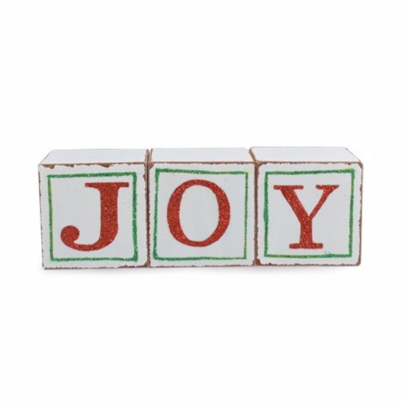 Joy Wooden Blocks Set of 3, featuring colorful letters spelling 'JOY', ideal for decor and imaginative play for all ages.